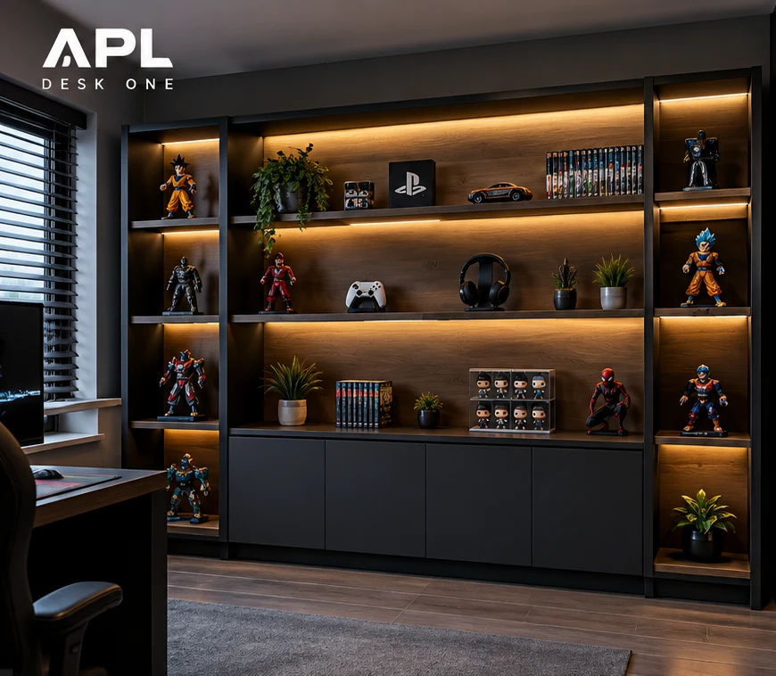 Vitrina de pared negra con madera, repisas con luz LED cálida, figuras de colección y gabinete inferior